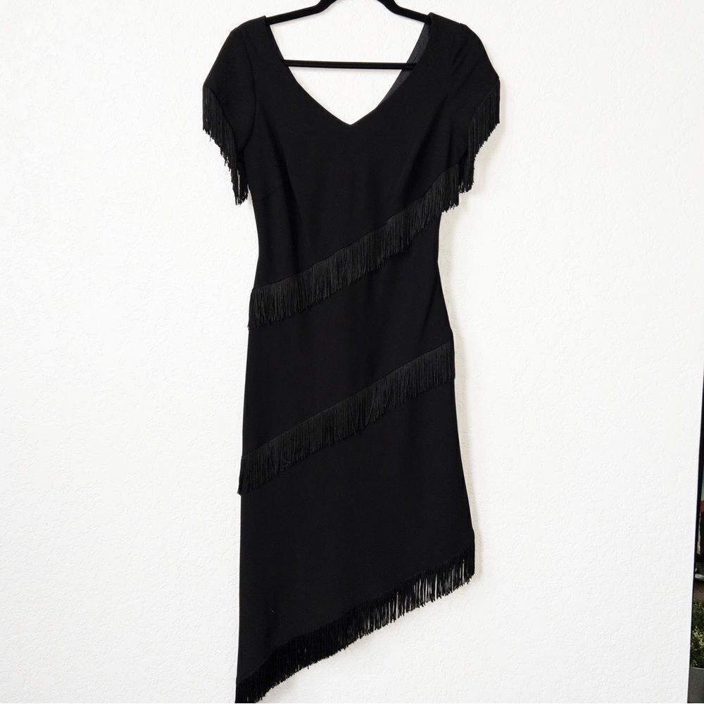 Danny & Nicole Vintage Black Fringe Asymmetrical Hemline Dress Size 6